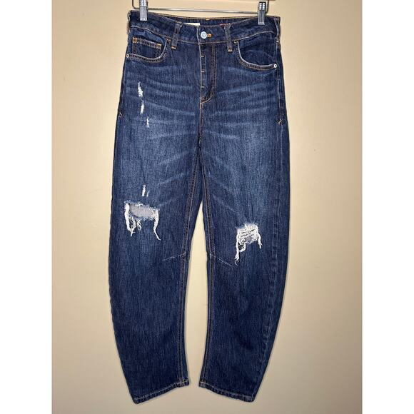 Anthropologie Pilcro The Bow Boyfriend Dark Denim Distressed Jeans Size 25 - Picture 1 of 16